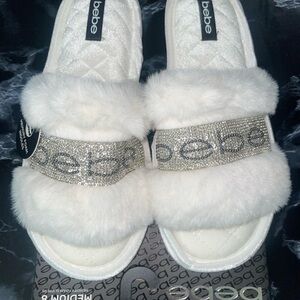 Bebe White Fur Slippers with Silver Accents